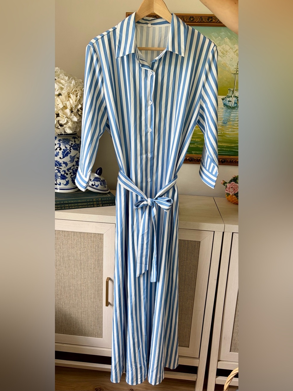 Striped Blue and White Tie-Waist Shirt Dress - Picture 2 of 10